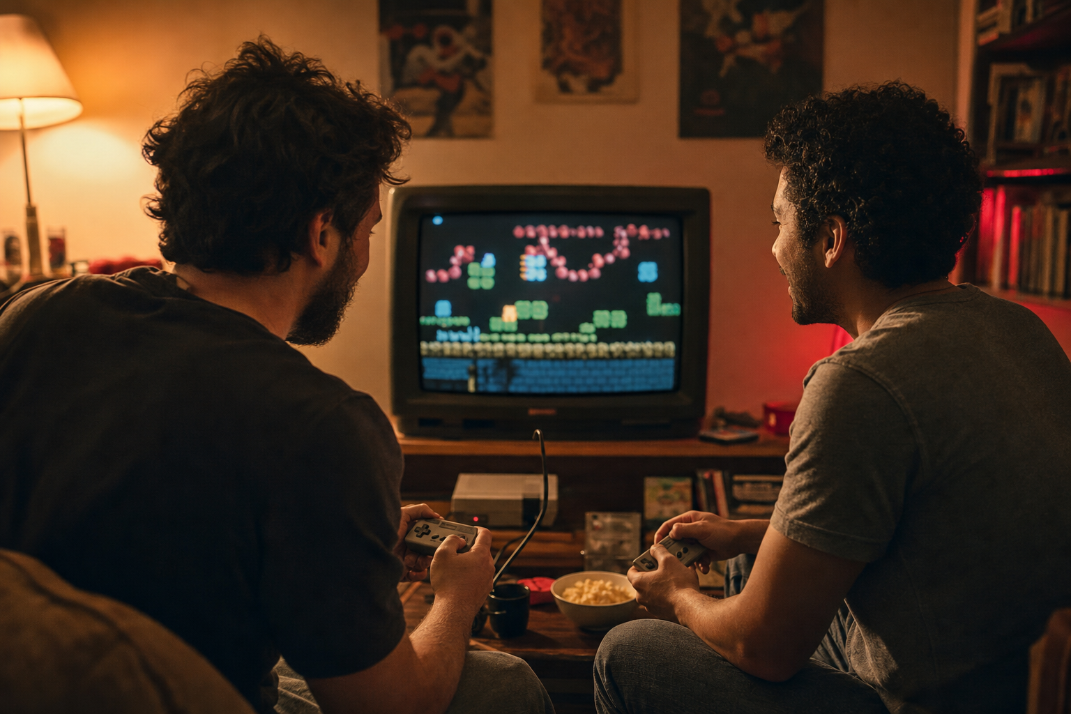 Amigos jogando videogame retrô
